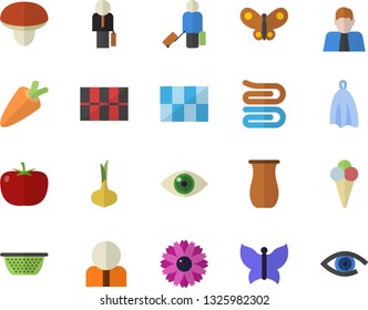 Color flat icon set tile flat vector, colander, towel, jugful, mushroom, tomato, onion, carrot, ice cream, flower, butterflies, person, businessman, luggage fector, eye