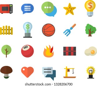 Color flat icon set tile flat vector, fire, microwave, scrambled eggs, mushroom, tree, pitchfork, fence, crane, idea, chat, heart, bowling ball, basketball, starfish fector, lamp