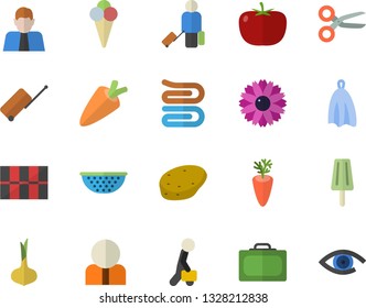 Color flat icon set tile flat vector, colander, towel, potato, tomato, onion, carrot, ice cream, flower, person, businessman, luggage fector, suitcase, scissors, eye