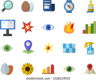 Color flat icon set tile flat vector, fire, egg, flower, pulverizer, paint brush, billboard, location, chart, news, eye, spark, magnifier, achievement, compass fector