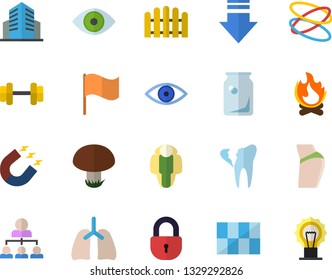 Color flat icon set tile flat vector, mushroom, fence, bonfire, magnet, glass bottles, flag, eye, broken tooth, lungs, office building, hierarchy, dumbbell, buttocks, hoop, lose weight, download