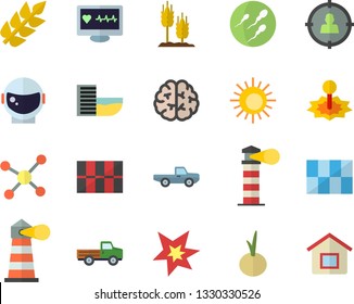 Color flat icon set tile flat vector, onion, ear, pickup truck, laser, lighthouse, target audience, computer diagnostics of health, sperm, molecule, spark, brain, astronaut helmet fector, sun, house