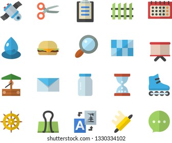 Color flat icon set tile flat vector, fence, rolling pin, glass jar, hamburger, well, drop, magnifier, flipchart, calendar, clipboard, mail, satellit, roller Skates, scissors, translate, hourglass