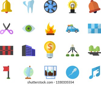Color flat icon set tile flat vector, scissors, whiskey, bonfire, ventilation, forest, idea, eye, sperm, broken tooth, office building, hierarchy, globe, sports flag, car fector, bell, lamp, note