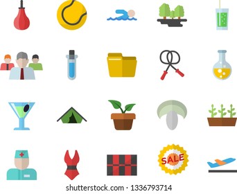 Color flat icon set tile flat vector, mushroom, cocktail, soda, home plant, seedlings, chemistry, forest, team, sell out, physician, computer file, beakers, skipping rope, sports pear, tennis ball