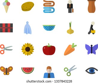 Color flat icon set tile flat vector, colander, towel, jugful, potato, tomato, onion, carrot, watermelon, ice cream, flower, butterflies, person, businessman, scissors, eye