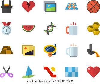 Color flat icon set tile flat vector, flooring, scissors, watermelon, tea, honeycomb, metallurgy, coffee, dna, medal, basketball, escalator fector, swimming mask, windsurfing, gallery, heart