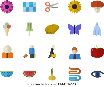 Color flat icon set tile flat vector, colander, towel, mushroom, potato, tomato, onion, watermelon, ice cream, flower, butterflies, person, businessman, luggage fector, scissors, eye