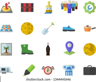 Color flat icon set tile flat vector, repair, flooring, warm floor, saute, lemonade, shovel, paint brush, gumboots, location, marker, team, moon, sneakers, trailer fector, antique column, photo