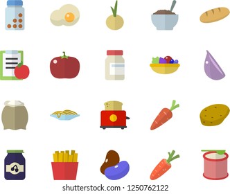 Color flat icon set toaster flat vector, flour, potato, legumes, bread, spaghetti, salad, porridge, garlic, onion, tomato, French fries, scrambled eggs, jam, carrot, diet, vitamins, steroids