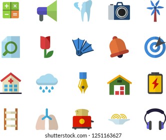 Color flat icon set toaster flat vector, spaghetti, windmill, ladder, tulip, rain, battery, calculator, warehouse, hospital, broken tooth, lungs, magnifier, ink pen, target, flippers fector, camera