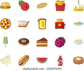 Color flat icon set toaster flat vector, bread, watermelon, spaghetti, hamburger, hot dog, pizza, piece of cake, donut, French fries, popcorn, ice cream, cranberry, blackberry, ketchup, sandwich