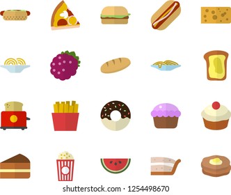 Color flat icon set toaster flat vector, cheese, bread, watermelon, spaghetti, hamburger, hot dog, pizza, cupcake, piece of cake, donut, French fries, popcorn, blackberry, sandwich, pancakes