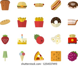 Color flat icon set toaster flat vector, cheese, bread, hamburger, hot dog, pizza, piece of cake, donut, French fries, popcorn, ice cream, cranberry, Strawberry, blackberry