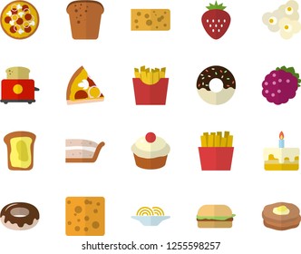 Color flat icon set toaster flat vector, cheese, bread, spaghetti, hamburger, pizza, cupcake, piece of cake, donut, French fries, popcorn, Strawberry, blackberry, sandwich, pancakes