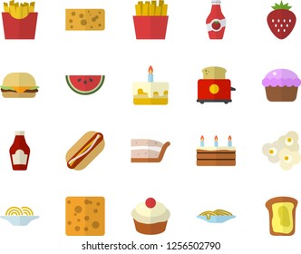 Color flat icon set toaster flat vector, ketchup, cheese, watermelon, spaghetti, hamburger, hot dog, cupcake, piece of cake, French fries, popcorn, Strawberry, sandwich