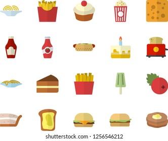 Color flat icon set toaster flat vector, ketchup, cheese, spaghetti, hamburger, hot dog, cupcake, piece of cake, French fries, popcorn, ice cream, cranberry, sandwich, pancakes
