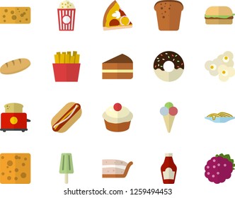 Color flat icon set toaster flat vector, ketchup, cheese, bread, spaghetti, hamburger, hot dog, pizza, cupcake, piece of cake, donut, French fries, popcorn, ice cream, blackberry