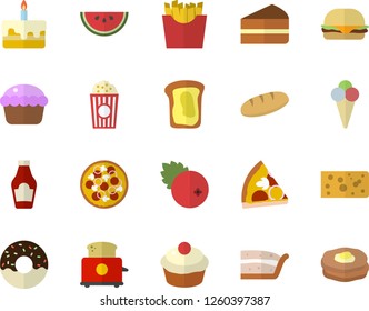 Color flat icon set toaster flat vector, ketchup, cheese, bread, watermelon, hamburger, pizza, cupcake, piece of cake, donut, French fries, popcorn, ice cream, cranberry, sandwich, pancakes