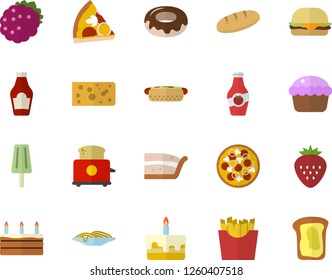 Color flat icon set toaster flat vector, ketchup, cheese, bread, spaghetti, hamburger, hot dog, pizza, cupcake, piece of cake, donut, French fries, ice cream, Strawberry, blackberry, sandwich