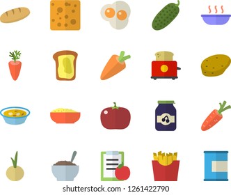 Color flat icon set toaster flat vector, potato, carrot, cheese, bread, soup, porridge, onion, tomato, cucumber, French fries, scrambled eggs, jam, sandwich, diet, proteins