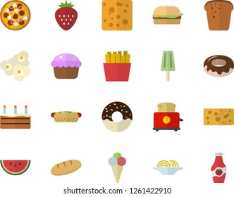 Color flat icon set toaster flat vector, cheese, bread, watermelon, spaghetti, hamburger, hot dog, pizza, cupcake, cake, donut, French fries, popcorn, ice cream, Strawberry, ketchup