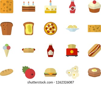 Color flat icon set toaster flat vector, ketchup, cheese, bread, spaghetti, hamburger, hot dog, pizza, cupcake, cake, popcorn, ice cream, cranberry, sandwich, pancakes