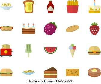 Color flat icon set toaster flat vector, ketchup, cheese, bread, watermelon, spaghetti, hamburger, hot dog, piece of cake, French fries, ice cream, Strawberry, blackberry, sandwich, pancakes