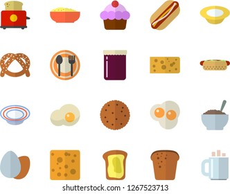 Color flat icon set toaster flat vector, table setting, biscuit, bagel, cake, cheese, egg, bread, hot dog, dish, porridge, scrambled eggs, jam, sandwich, coffee