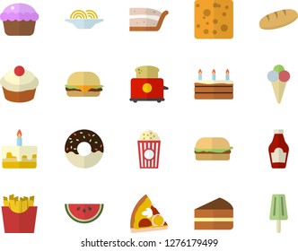 Color flat icon set toaster flat vector, ketchup, cheese, bread, watermelon, spaghetti, hamburger, pizza, cupcake, piece of cake, donut, French fries, popcorn, ice cream