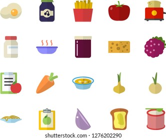 Color flat icon set toaster flat vector, tomato, onion, carrot, cheese, spaghetti, soup, garlic, French fries, scrambled eggs, jam, blackberry, sandwich, diet, vitamins, steroids