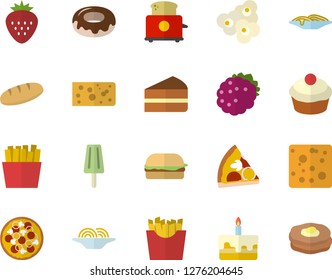 Color flat icon set toaster flat vector, cheese, bread, spaghetti, hamburger, pizza, cupcake, piece of cake, donut, French fries, popcorn, ice cream, Strawberry, blackberry, pancakes
