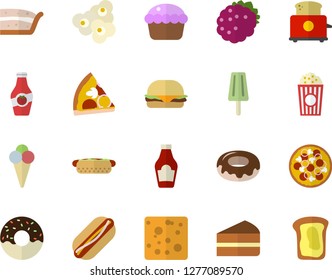 Color flat icon set toaster flat vector, ketchup, cheese, hamburger, hot dog, pizza, cupcake, piece of cake, donut, popcorn, ice cream, blackberry, sandwich