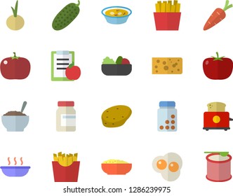 Color flat icon set toaster flat vector, potato, tomato, cheese, salad, soup, porridge, onion, cucumber, French fries, scrambled eggs, carrot, diet, vitamins, steroids