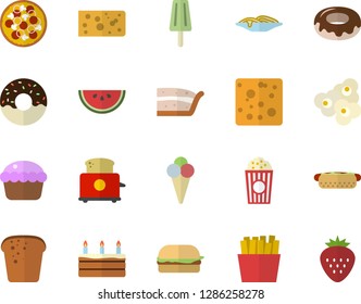 Color flat icon set toaster flat vector, cheese, bread, watermelon, spaghetti, hamburger, hot dog, pizza, cupcake, piece of cake, donut, French fries, popcorn, ice cream, Strawberry