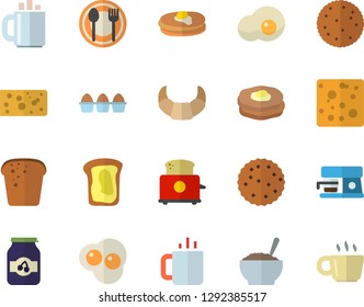 Color flat icon set toaster flat vector, coffee machine, table setting, biscuit, pancakes, croissant, cheese, egg, bread, porridge, tea, scrambled eggs, jam, sandwich