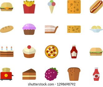 Color flat icon set toaster flat vector, ketchup, cheese, bread, spaghetti, hamburger, hot dog, pizza, cupcake, piece of cake, French fries, ice cream, blackberry