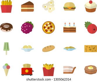 Color flat icon set toaster flat vector, cheese, bread, spaghetti, hamburger, pizza, cupcake, piece of cake, donut, French fries, popcorn, ice cream, cranberry, blackberry, pancakes