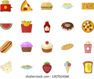 Color flat icon set toaster flat vector, ketchup, cheese, bread, watermelon, spaghetti, hamburger, hot dog, pizza, cupcake, donut, French fries, popcorn, ice cream, Strawberry, sandwich