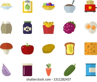 Color flat icon set toaster flat vector, flour, mushroom, potato, tomato, cheese, spaghetti, salad, porridge, carrot, garlic, cucumber, French fries, scrambled eggs, jam, blackberry, sandwich, diet