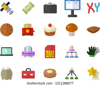Color flat icon set toaster flat vector, flour, spaghetti, biscuit, mushroom, cupcake, chop, pancakes, gloves, SIM card, billboard, case, briefcase, chromosomes, printer, hierarchy, laptop, satellit