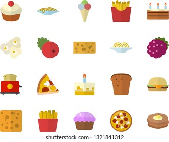 Color flat icon set toaster flat vector, cheese, bread, spaghetti, hamburger, pizza, cupcake, cake, French fries, popcorn, ice cream, cranberry, blackberry, pancakes