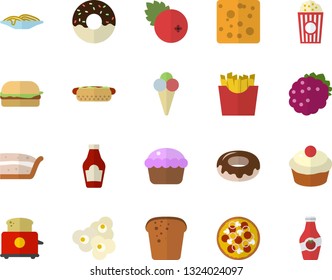 Color flat icon set toaster flat vector, ketchup, cheese, bread, spaghetti, hamburger, hot dog, pizza, cupcake, piece of cake, donut, French fries, popcorn, ice cream, cranberry, blackberry