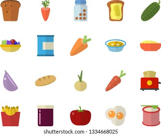 Color flat icon set toaster flat vector, tomato, carrot, bread, salad, soup, porridge, garlic, onion, cucumber, French fries, scrambled eggs, jam, sandwich, vitamins, proteins, steroids