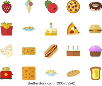 Color flat icon set toaster flat vector, cheese, bread, spaghetti, hamburger, hot dog, pizza, cupcake, cake, donut, French fries, popcorn, ice cream, cranberry, Strawberry, sandwich