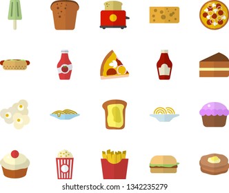 Color flat icon set toaster flat vector, ketchup, cheese, bread, spaghetti, hamburger, hot dog, pizza, cupcake, piece of cake, French fries, popcorn, ice cream, sandwich, pancakes