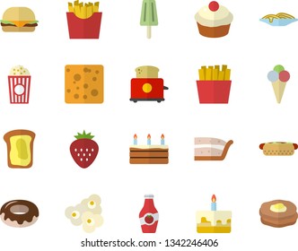Color flat icon set toaster flat vector, cheese, spaghetti, hamburger, hot dog, cupcake, piece of cake, donut, French fries, popcorn, ice cream, Strawberry, ketchup, sandwich, pancakes