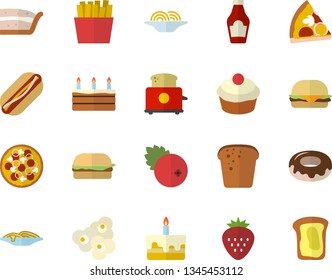 Color flat icon set toaster flat vector, ketchup, bread, spaghetti, hamburger, hot dog, pizza, cupcake, piece of cake, donut, French fries, popcorn, cranberry, Strawberry, sandwich