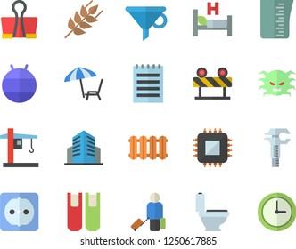 Color flat icon set toilet flat vector, sockets, heating batteries, barrier, meashuring cup, ear, crane, motherboard, trammel, funnel, virus, hospital bed, office building, book, notepad, fitball