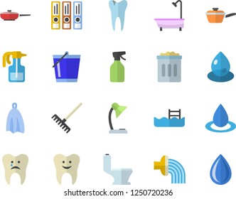 Color flat icon set toilet flat vector, shower, frying pan, saute, towel, pulverizer, rake, bucketful, hose irrigation, drop, tooth, caries, reading lamp, folders for papers, pool, trash can